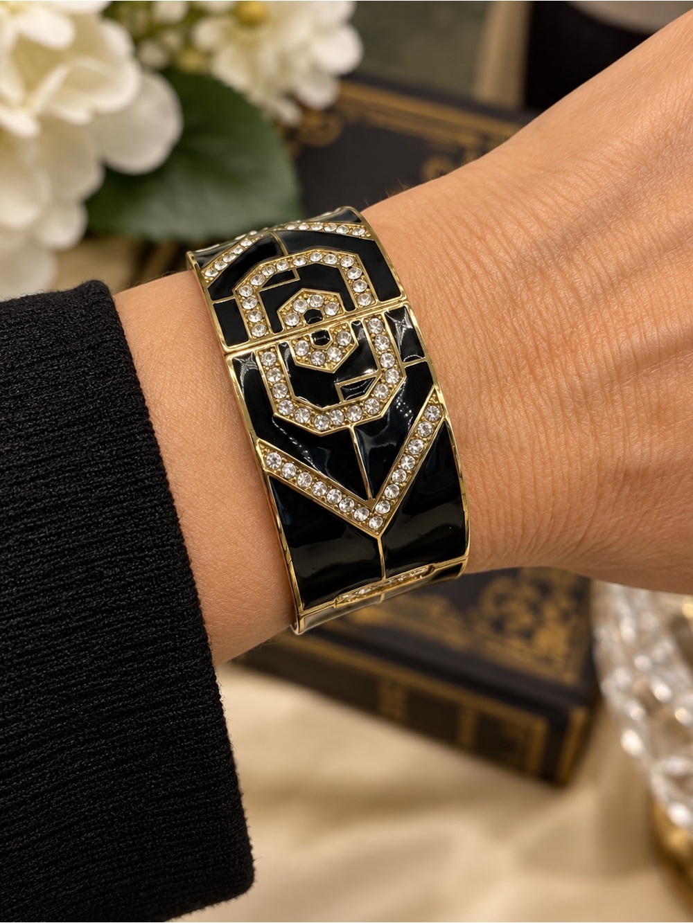 Art Deco Black Enamel Rhinestone Gold Tone Clamper Cuff Bracelet